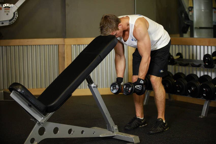 Bent Over Dumbbell Rear Delt Raise With Head On Bench